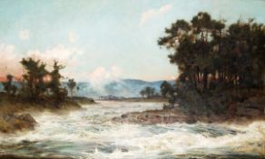 Sir Alfred East R.A. (1849-1913), A river landscape, Oil on canvas, Signed lower left, 91.5 x 152.