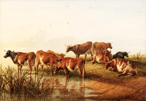 Thomas Sidney Cooper (1803-1902), Cattle on a river bank, Watercolour, Signed and dated lower right,