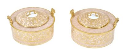 A pair of Worcester (Barr, Flight & Barr) salmon-pink-ground and gilt butter-tubs and covers,