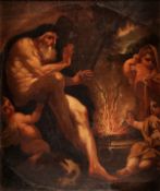 Roman School, circa 1700, Figures and a putto at a brazier, Oil on canvas, 74 x 61cm (29 x 24in)