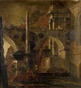 Follower of Antonio Visentini, An architectural capriccio with figures before an obelisk, Oil on