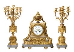 A French Napoleon III Louis XVI style ormolu and dove grey marble mantel clock garniture, Bouquet,