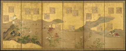 A six-fold paper screen, Edo period, 19th century, painted in ink and colour on a buff ground with