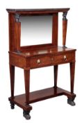 A Regency mahogany writing table, circa 1815, the grey marble top above the mirror panelled rear