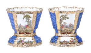 A pair of Dresden Vase Hollandaise, 19cm high typically decorated with alternate Watteauesque