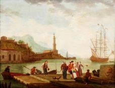 Follower of Charles Fran?ois Lacroix, Figures at a Mediterranean port, with a lighthouse beyond,