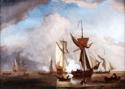 Willem van de Velde the Younger (1633-1707), Firing salutes in the shallows, Oil on canvas, Signed