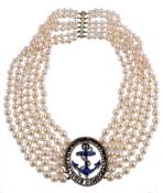 A sapphire, diamond, enamel and pearl necklace A sapphire, diamond, enamel and pearl necklace, the