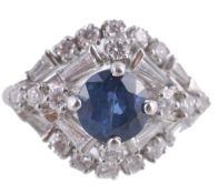 A sapphire and diamond ring, the central circular cut sapphire in a four... A sapphire and diamond