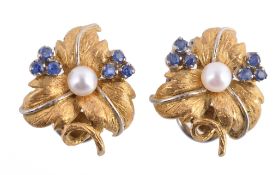 A pair of sapphire and cultured pearl ear clips A pair of sapphire and cultured pearl ear clips,