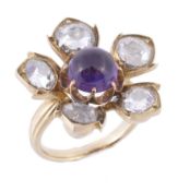 A diamond and amethyst flower head cluster ring, the flower head circa 1880 A diamond and amethyst