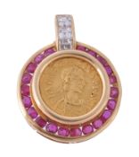 A ruby and diamond jeweller`s copy coin pendant A ruby and diamond jeweller`s copy coin pendant,