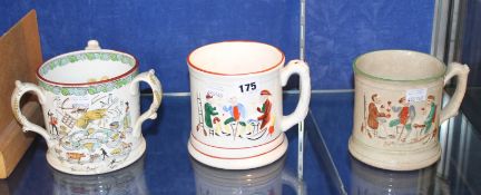 Two Staffordshire pottery frog mugs and a similar three handled tig (3)