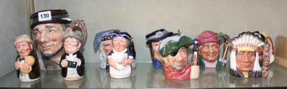 A group of Royal Doulton character jugs to include `Johnny Appleseed` (D6372), `The Wizard` (