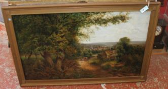 E. Foster Landscape with cattle on a track and village in the distance Oil on canvas Signed lower