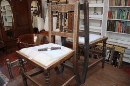 A set of eight Victorian oak dining chairs each with carved spindle back and ring turned front legs