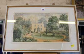 19th century School Country House with figures in a garden, circa 1860 Watercolour 24.5 x 45cm