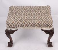 A George III style mahogany framed stool with mask headed cabriole legs on ball and claw feet 64cm