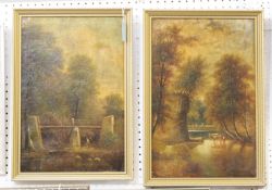 Manner of the Harris Brothers Figures by a bridge over a river (probably The Frome at Stapleton) A