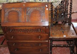 A mixed lot to include an oak bureau, a 17th Century style oak chair, oak stool and child`s chair.