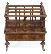 A Victorian burr walnut Canterbury, circa 1870, with three divisions formed by turned spindle