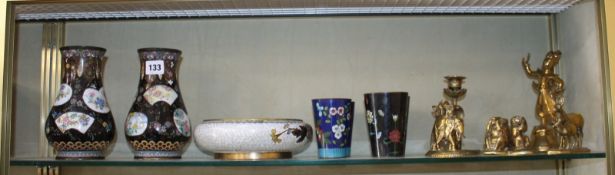 A small quantity of cloisonné items including two vases; 18cm high, four tapered beakers and a