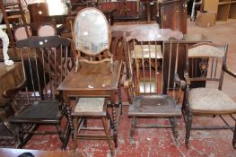 A mixed lot to include two rocking chairs, toilet mirror, elbow chair, stool and side table