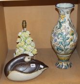 A floral encrusted ceramic table lamp (sold as parts), a Scottish ceramic model of a Canadian goose