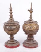 Two gilt lacquer Burmese 19th Century offering vessels and covers; approximately 55cm high each (2)