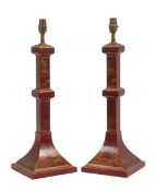 A pair of red lacquered and parcel gilt composition table lamps, modern, the knopped square section