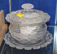 A 19th Century cut glass preserve dish, cover and stand with fan cut edges