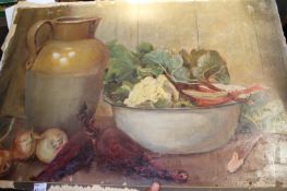 20th Century School Still life with rhubarb, beetroot, onions and stone ware jug Still life with