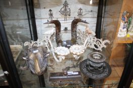 A small collection of decorative metalware to include wall mounted candle holders and an Eastern
