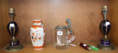 A Bohemian style clear glass stein (chipped); the pewter handle stamped ?W. Kainer?, together with