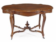 A Victorian rosewood centre table, circa 1870, the cartouche shaped top with moulded edge and