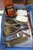 A Birmingham hallmarked silver and tortoiseshell dressing table set together with leather cased set