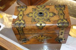 A Victorian walnut & brass bound tea caddy and small card tray, matching design and a Victorian