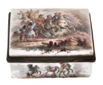 A Continental porcelain and silver-plate mounted snuff box and hinged cover, decorated in the 18th