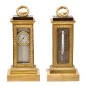 A French Empire style desk thermometer and matching aneroid barometer, late 19th century, each of