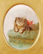 Horatio Henry Couldery (1832-1918), A kitten on a chair, oil on board, Oval, Signed with monogram