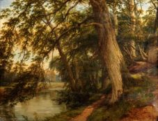 Thomas Baker of Leamington (1809-1869), Figures fishing by a wooded stream, oil on canvas, 30.5 x