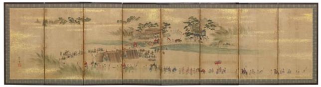 An eight-fold paper screen, Meiji period, 20th century, painted in ink and colour with Aoi