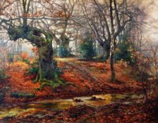 George Dunkerton Hiscox (1840-1909), A woodland stream, oil on canvas, Signed lower left, Inscribed