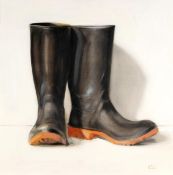 DDS. Dorian Scott (contemporary), Boots, oil on board, Signed lower right, 61 x 61cm (24 x 24in)