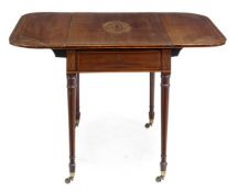 A George III mahogany and marquetry Pembroke table, circa 1800, the drawer with retailers stamp for