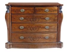 A mahogany bowfront chest of drawers, 19th century and later, with two short and three long drawers