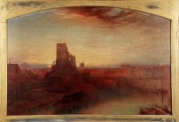 J. Coulson (19th century), Town scene at sunset, oil on canvas, Signed lower left, 77 x 114cm (30