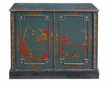 A green painted and gilt decorated two drawer side cupboard, in chinoiserie taste, late 19th/early