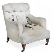 A pair of Victorian walnut and upholstered armchair by Howard & Sons, circa 1880, the overscrolling