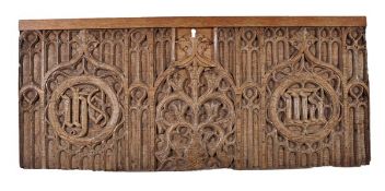 A carved oak relief panel in the Perpendicular late Gothic style, late 15th or early 16th century,